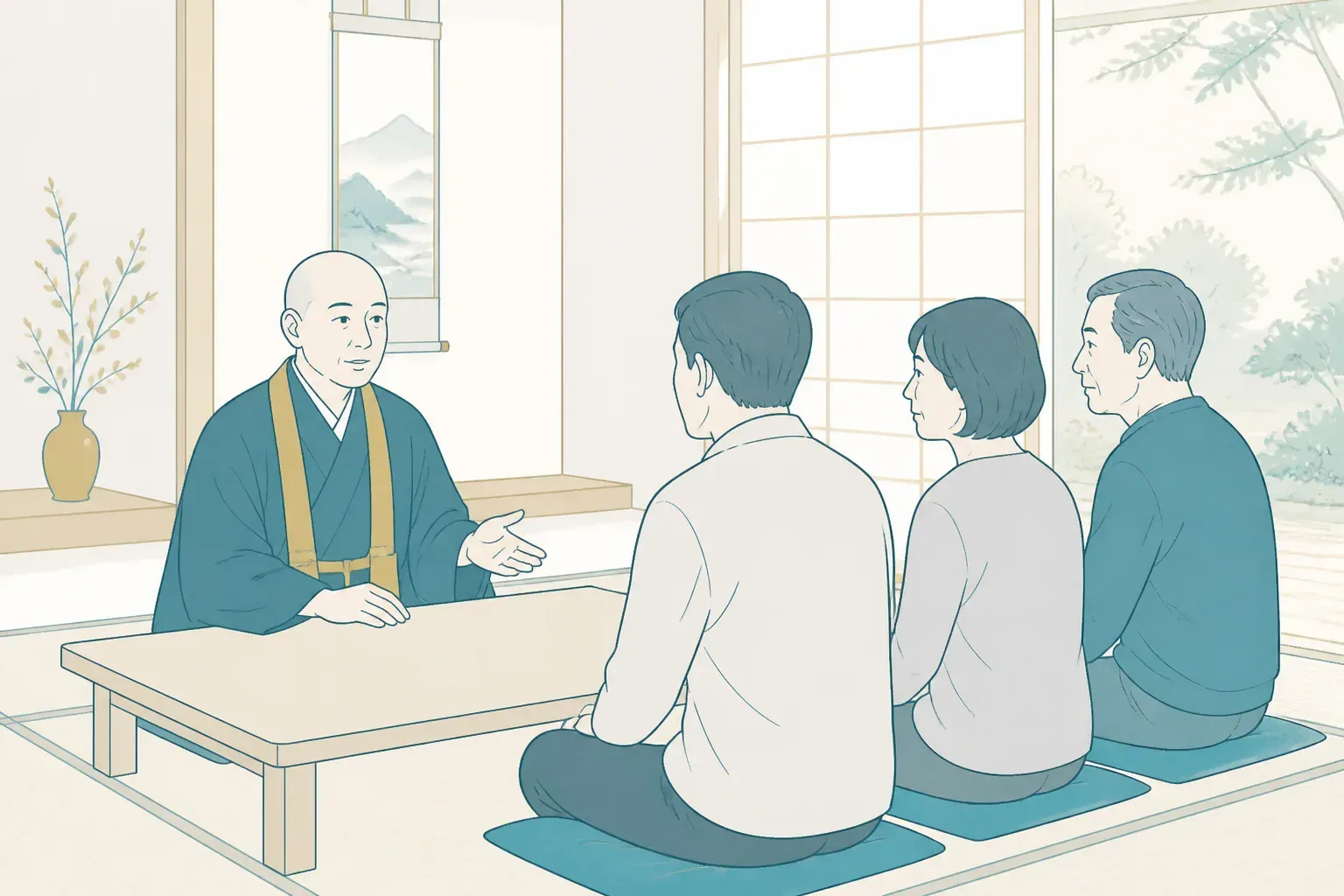 お寺で離檀の相談をする家族のイメージ