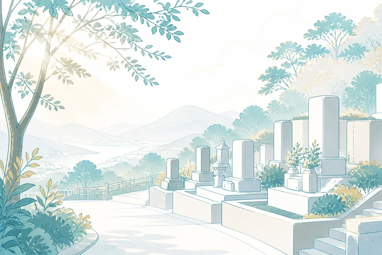 山あいの霊園の穏やかな風景