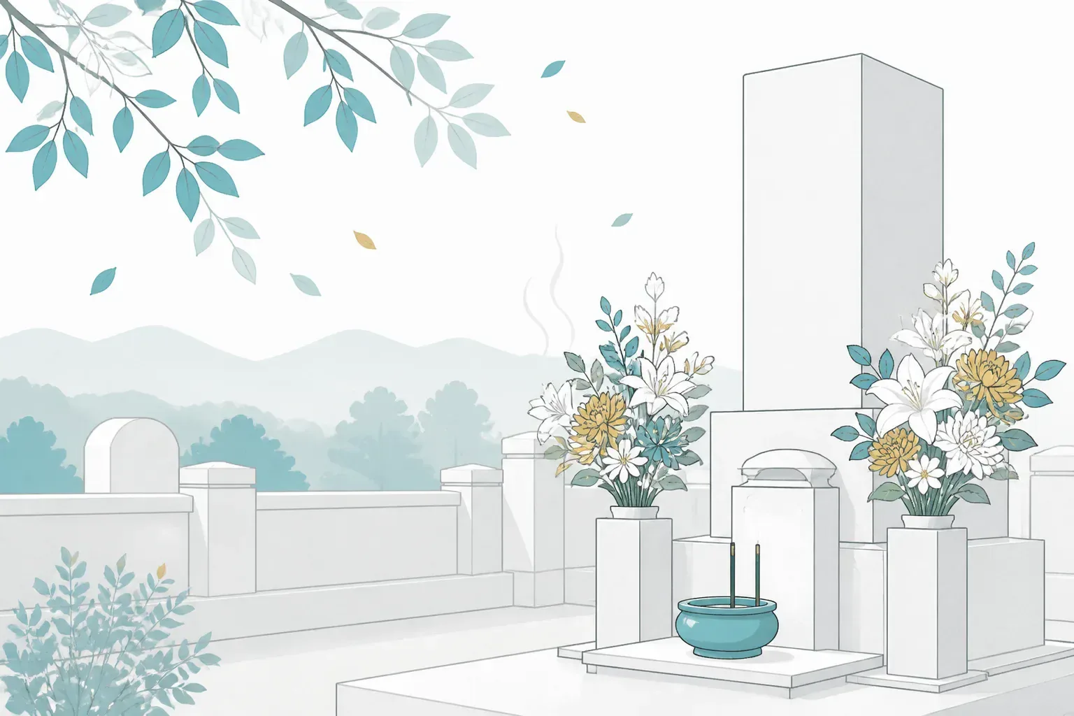 供花と線香が供えられた墓前の情景