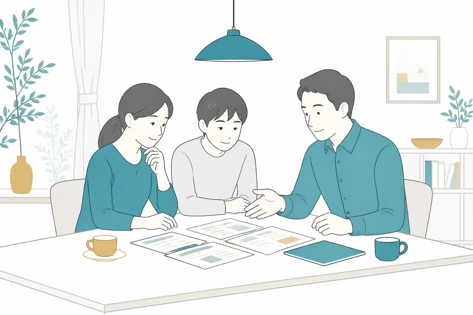 家族でお墓の資料を見ながら話し合うイメージ