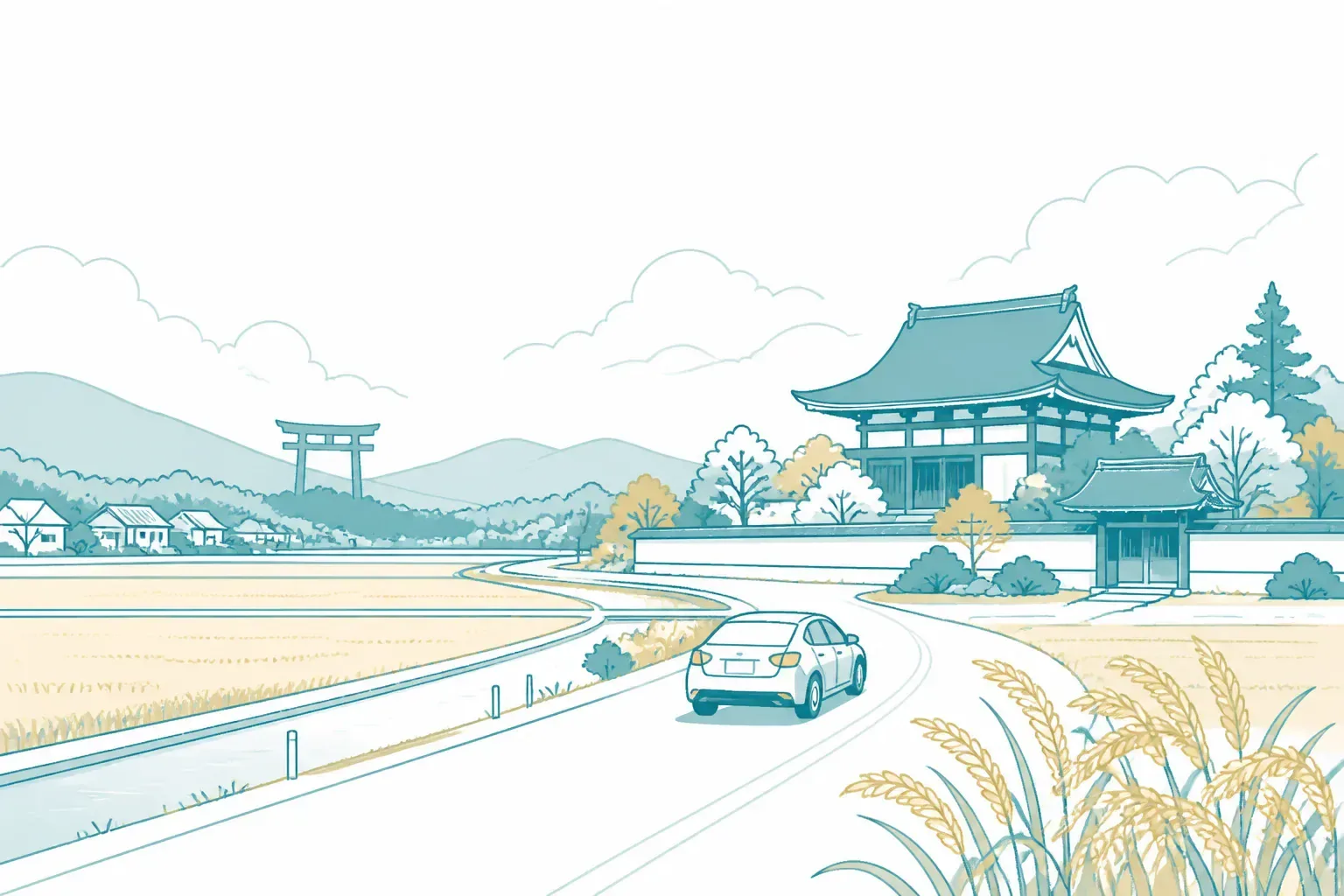 車で寺院へ向かう道のりのイメージ
