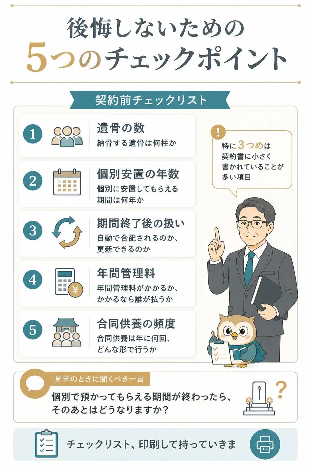 永代供養の契約前に確認する5つのチェック項目の図解